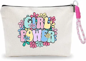 Floral Makeup Bag With Pink Hand Strap,Cosmetic Bag For Women,Girl Power,Travel Toiletry Bag,Small Zipper Bag,Positive Gift For Sister Friend Girl Niece,Women Essentials-A01