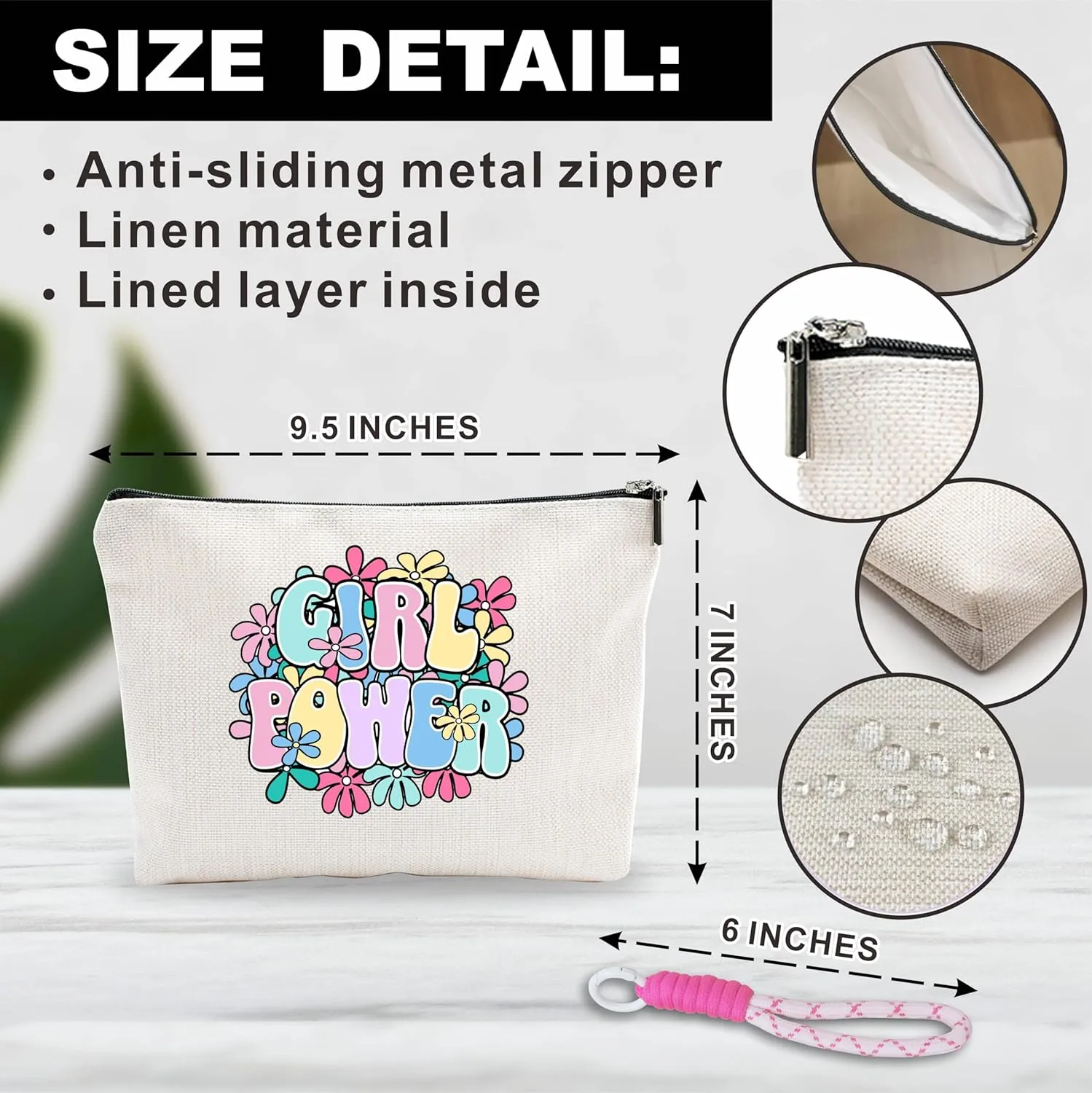 Floral Makeup Bag With Pink Hand Strap,Cosmetic Bag For Women,Girl Power,Travel Toiletry Bag,Small Zipper Bag,Positive Gift For Sister Friend Girl Niece,Women Essentials-A01