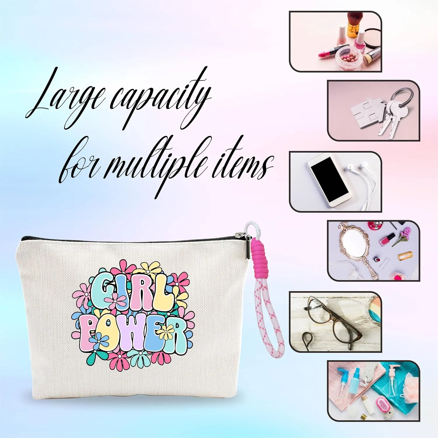 Floral Makeup Bag With Pink Hand Strap,Cosmetic Bag For Women,Girl Power,Travel Toiletry Bag,Small Zipper Bag,Positive Gift For Sister Friend Girl Niece,Women Essentials-A01