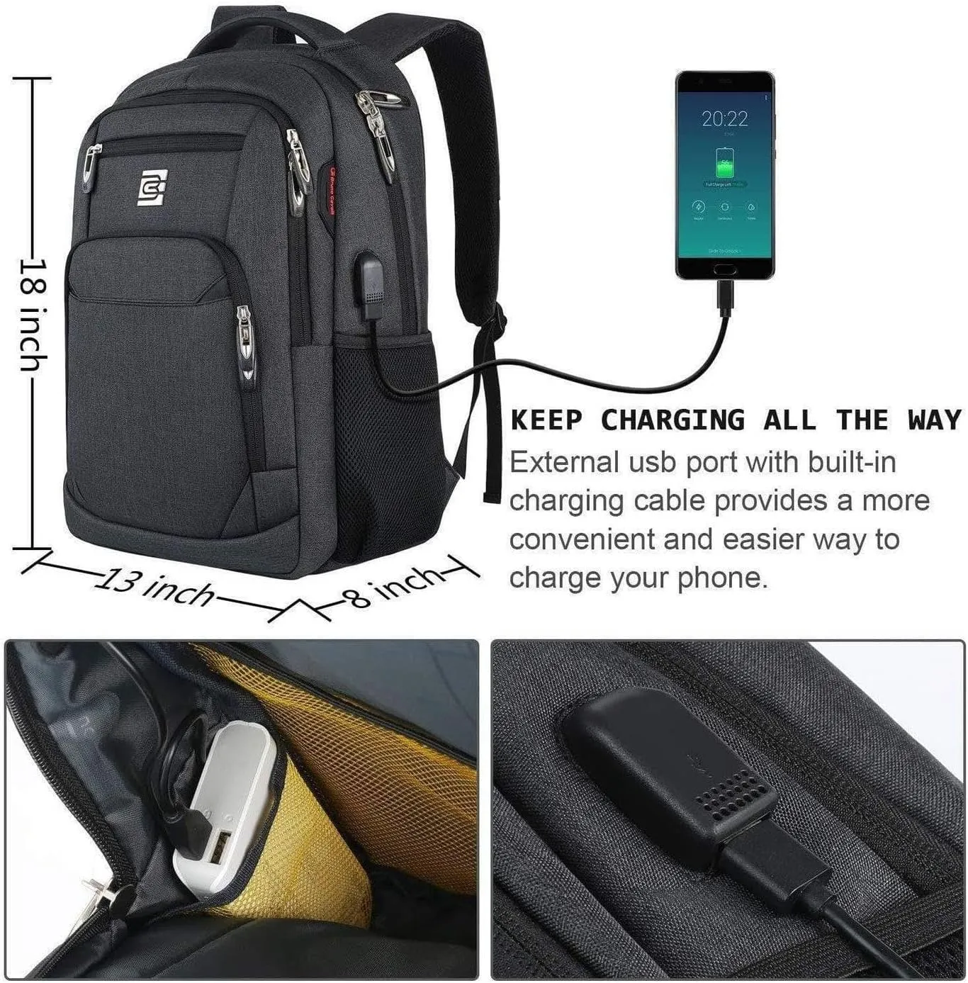 FR Fashion Co. 18" Anti-Theft Pocket Travel Backpack | USB Charging Port | Ventilated Padding | Lightweight Polyester Black 15.6