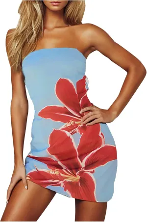 Funny Floral Print Tube Dress for Women Summer Strapless Bodycon Mini Dress Date Night Party Beach Bandeau Dresses
