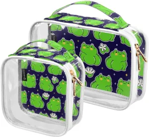 Funny-green-frog-pattern 2 Pack Clear Toiletry Bag Women Men, Portable Waterproof Clear Pouch, Cosmetic Bag with Double Zippers Large Opening Traveling with Handle for Bathroom Traveling Vacation Orga