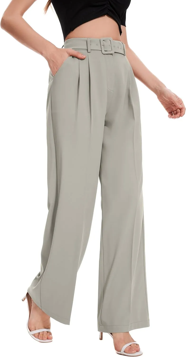 FUNYYZO Women's High Waist Wide Leg Pants Business Work Office Casual Long Pants Belted Trousers