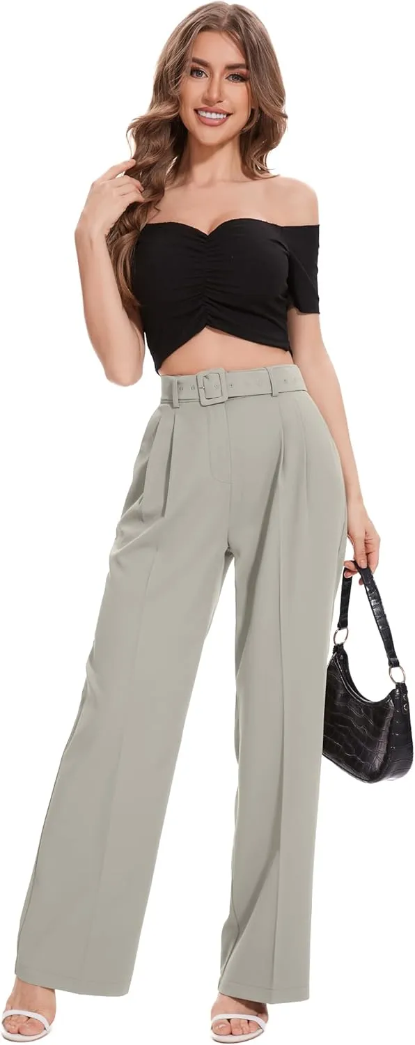 FUNYYZO Women's High Waist Wide Leg Pants Business Work Office Casual Long Pants Belted Trousers