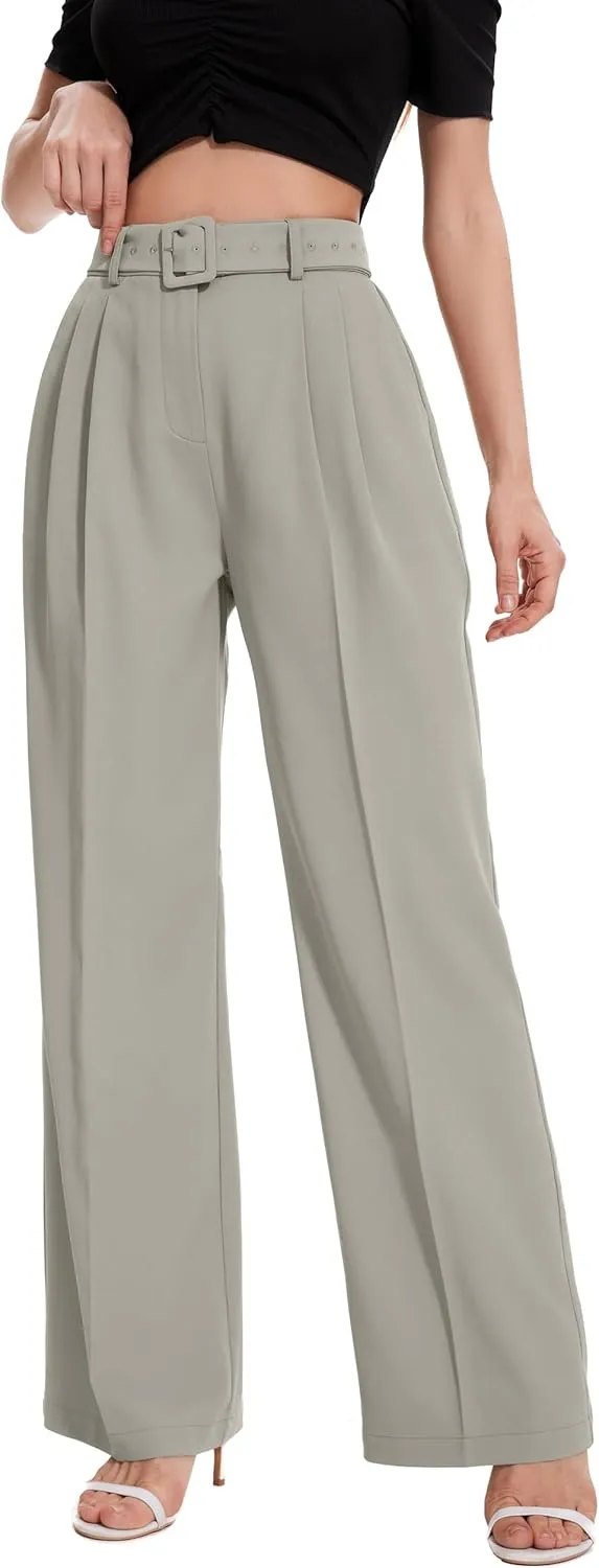 FUNYYZO Women's High Waist Wide Leg Pants Business Work Office Casual Long Pants Belted Trousers