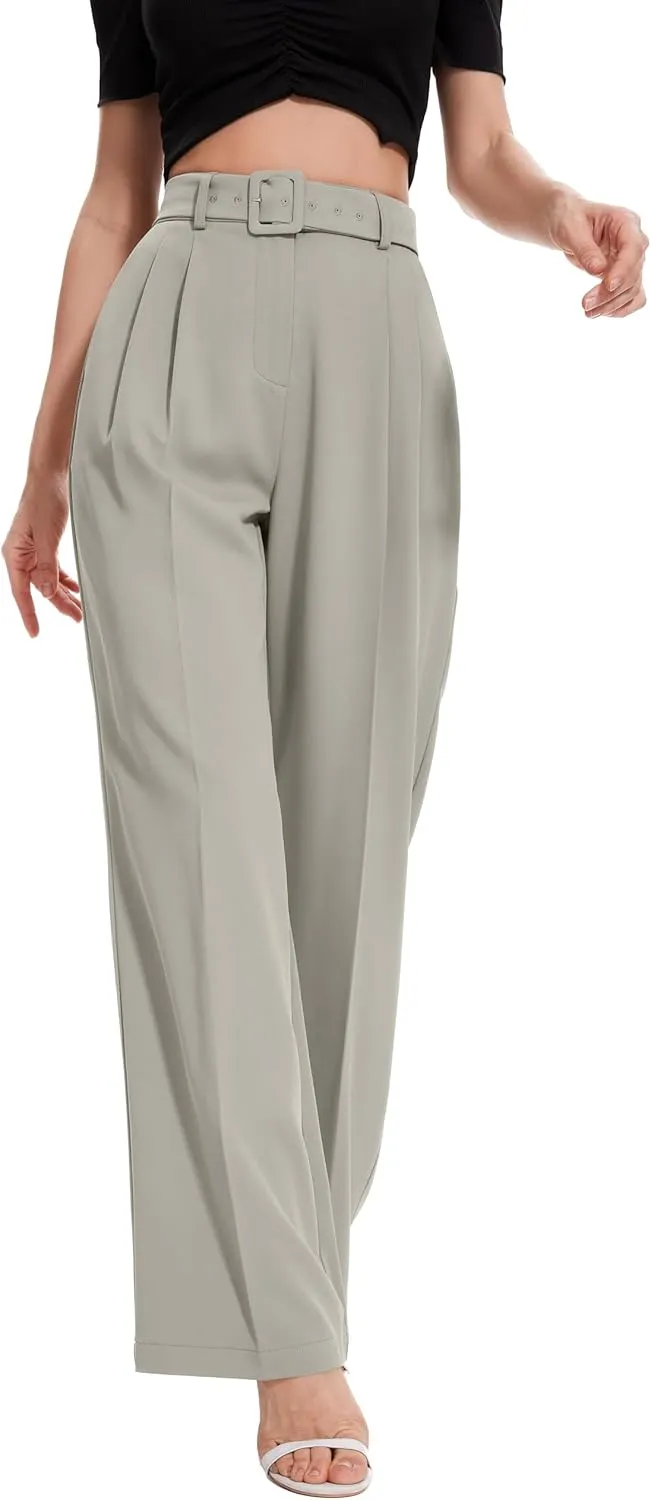 FUNYYZO Women's High Waist Wide Leg Pants Business Work Office Casual Long Pants Belted Trousers