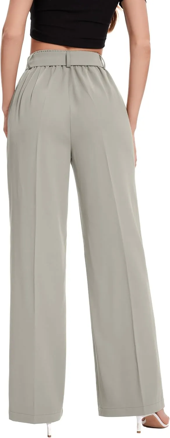 FUNYYZO Women's High Waist Wide Leg Pants Business Work Office Casual Long Pants Belted Trousers