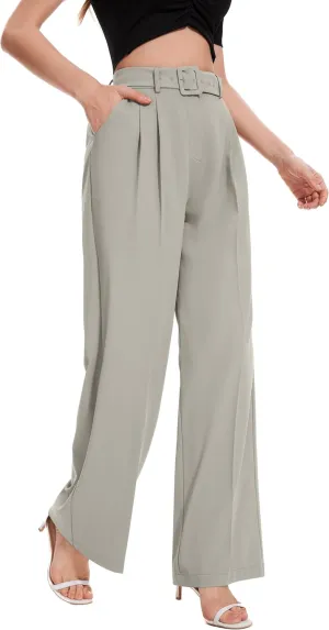 FUNYYZO Women's High Waist Wide Leg Pants Business Work Office Casual Long Pants Belted Trousers
