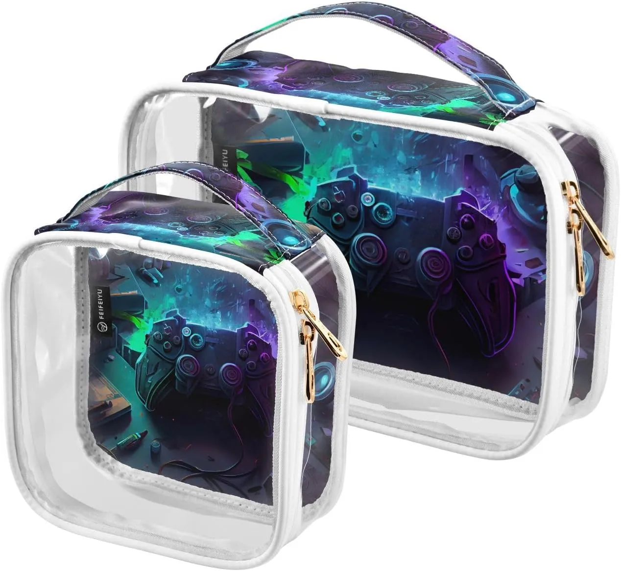 Gamepad Texture 2 Pack Clear Toiletry Bag Women Men, Portable Waterproof Clear Pouch, Cosmetic Bag with Double Zippers Large Opening Traveling with Handle for Bathroom Traveling Vacation Organizing
