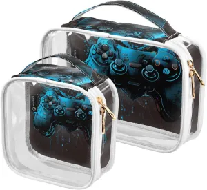 Gaming Controller Texture 2 Pack Clear Toiletry Bag Women Men, Portable Waterproof Clear Pouch, Cosmetic Bag with Double Zippers Large Opening Traveling with Handle for Bathroom Traveling Vacation Org