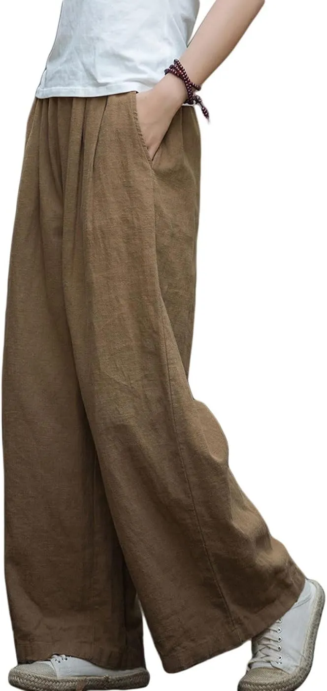 GGUHHU Womens Casual Cotton Linen Wide Leg Long Pants Elastic High Waist Loose Plazzo Trousers
