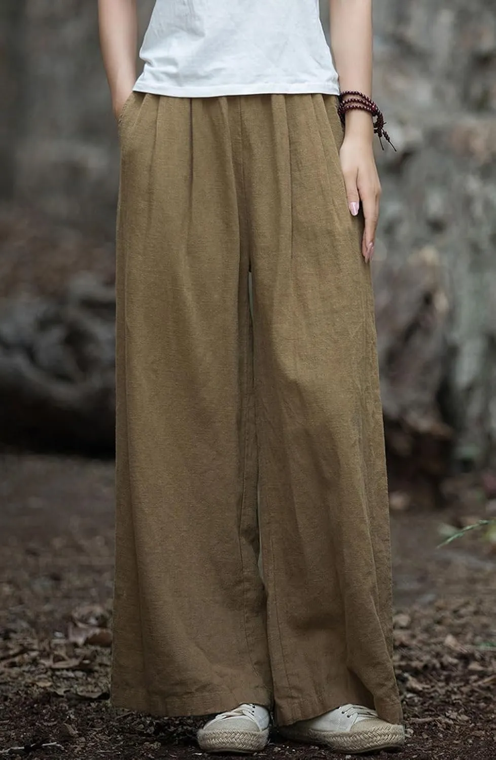 GGUHHU Womens Casual Cotton Linen Wide Leg Long Pants Elastic High Waist Loose Plazzo Trousers