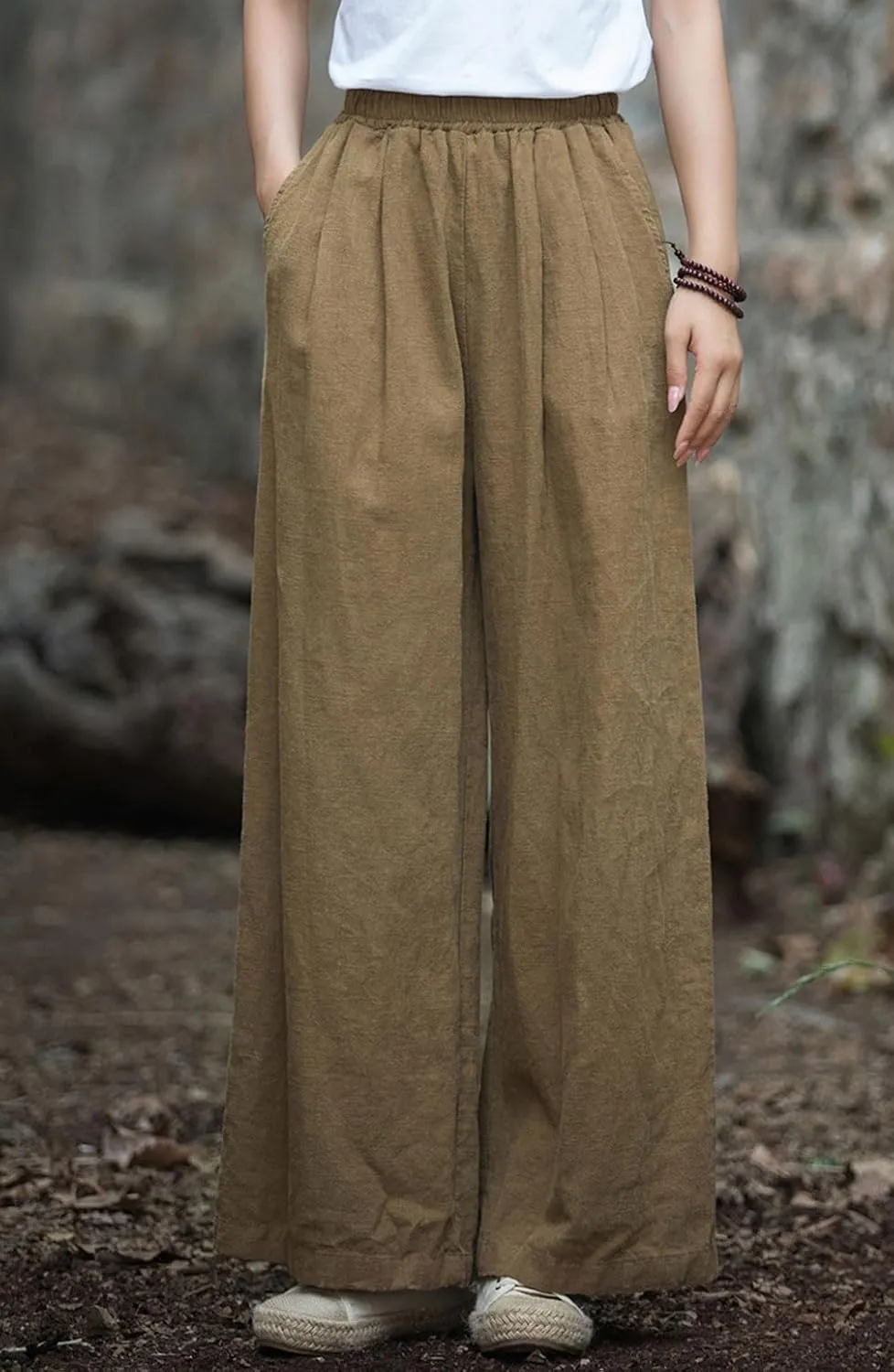 GGUHHU Womens Casual Cotton Linen Wide Leg Long Pants Elastic High Waist Loose Plazzo Trousers