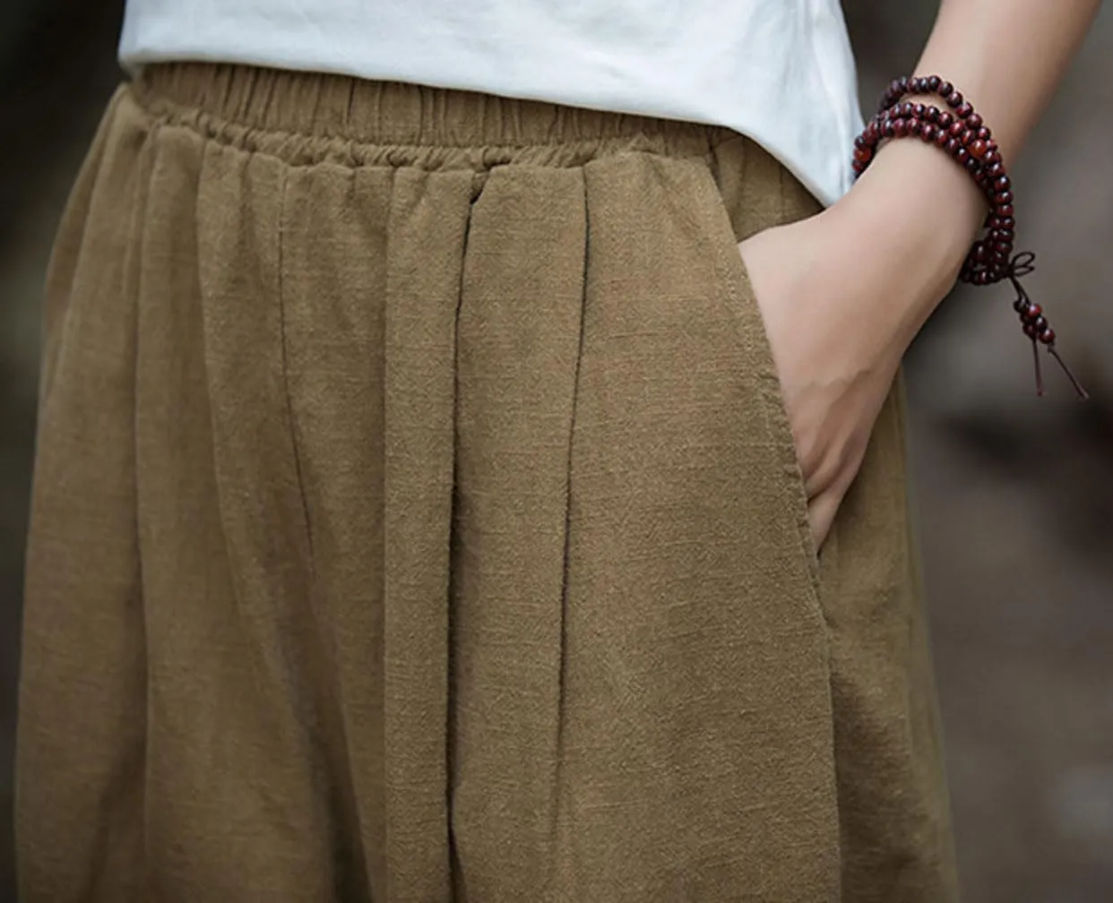GGUHHU Womens Casual Cotton Linen Wide Leg Long Pants Elastic High Waist Loose Plazzo Trousers