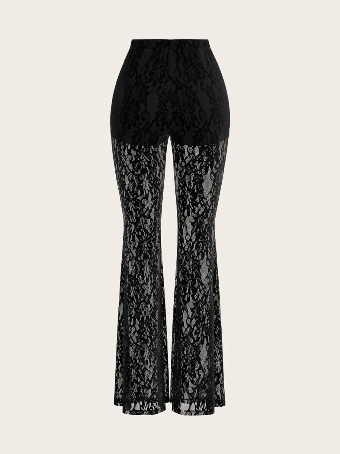 GORGLITTER Women's Floral Lace Mesh Skinny Bell Pants Bottom Flare Leg Elastic High Waist Sheer Trousers