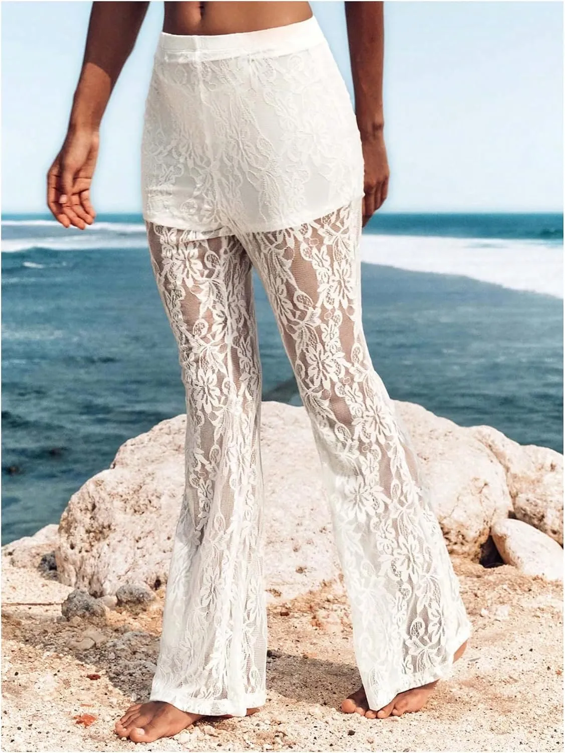 GORGLITTER Women's Floral Lace Mesh Skinny Bell Pants Bottom Flare Leg Elastic High Waist Sheer Trousers