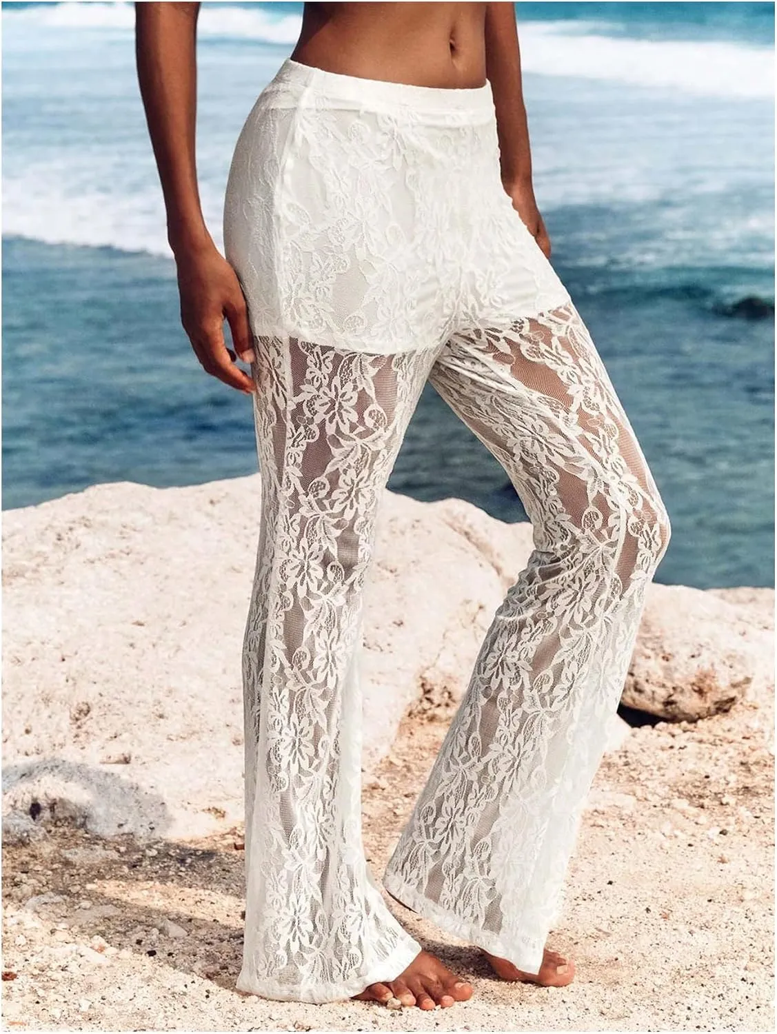 GORGLITTER Women's Floral Lace Mesh Skinny Bell Pants Bottom Flare Leg Elastic High Waist Sheer Trousers