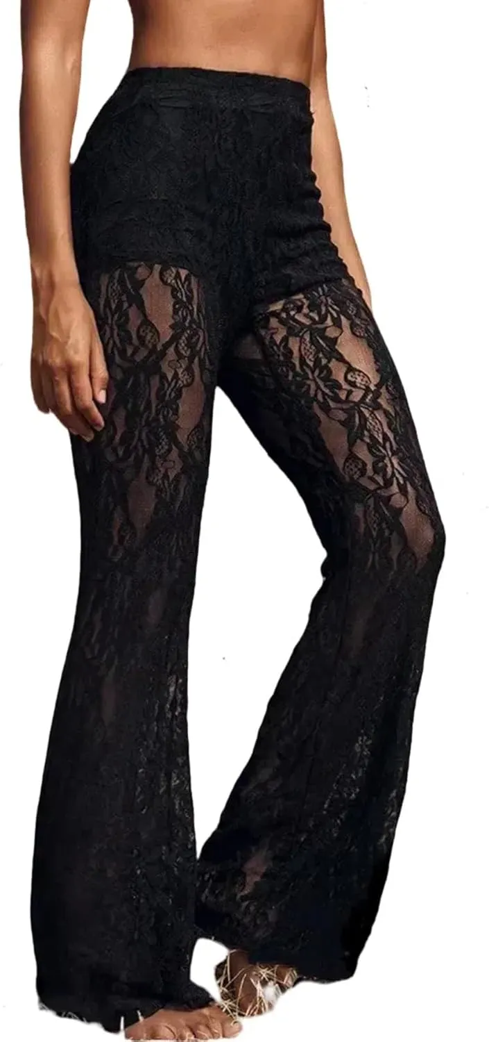GORGLITTER Women's Floral Lace Mesh Skinny Bell Pants Bottom Flare Leg Elastic High Waist Sheer Trousers