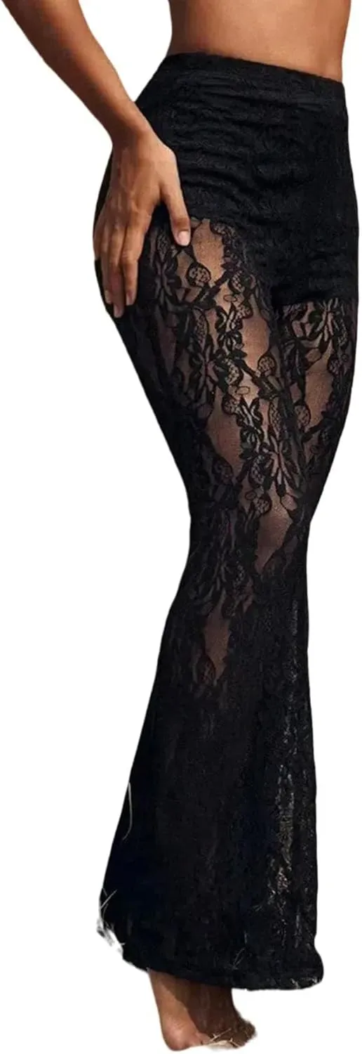 GORGLITTER Women's Floral Lace Mesh Skinny Bell Pants Bottom Flare Leg Elastic High Waist Sheer Trousers
