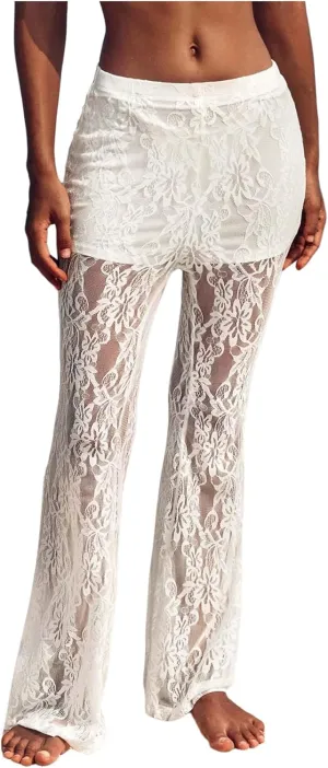 GORGLITTER Women's Floral Lace Mesh Skinny Bell Pants Bottom Flare Leg Elastic High Waist Sheer Trousers
