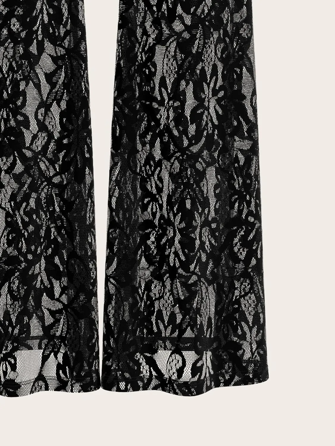 GORGLITTER Women's Floral Lace Mesh Skinny Bell Pants Bottom Flare Leg Elastic High Waist Sheer Trousers