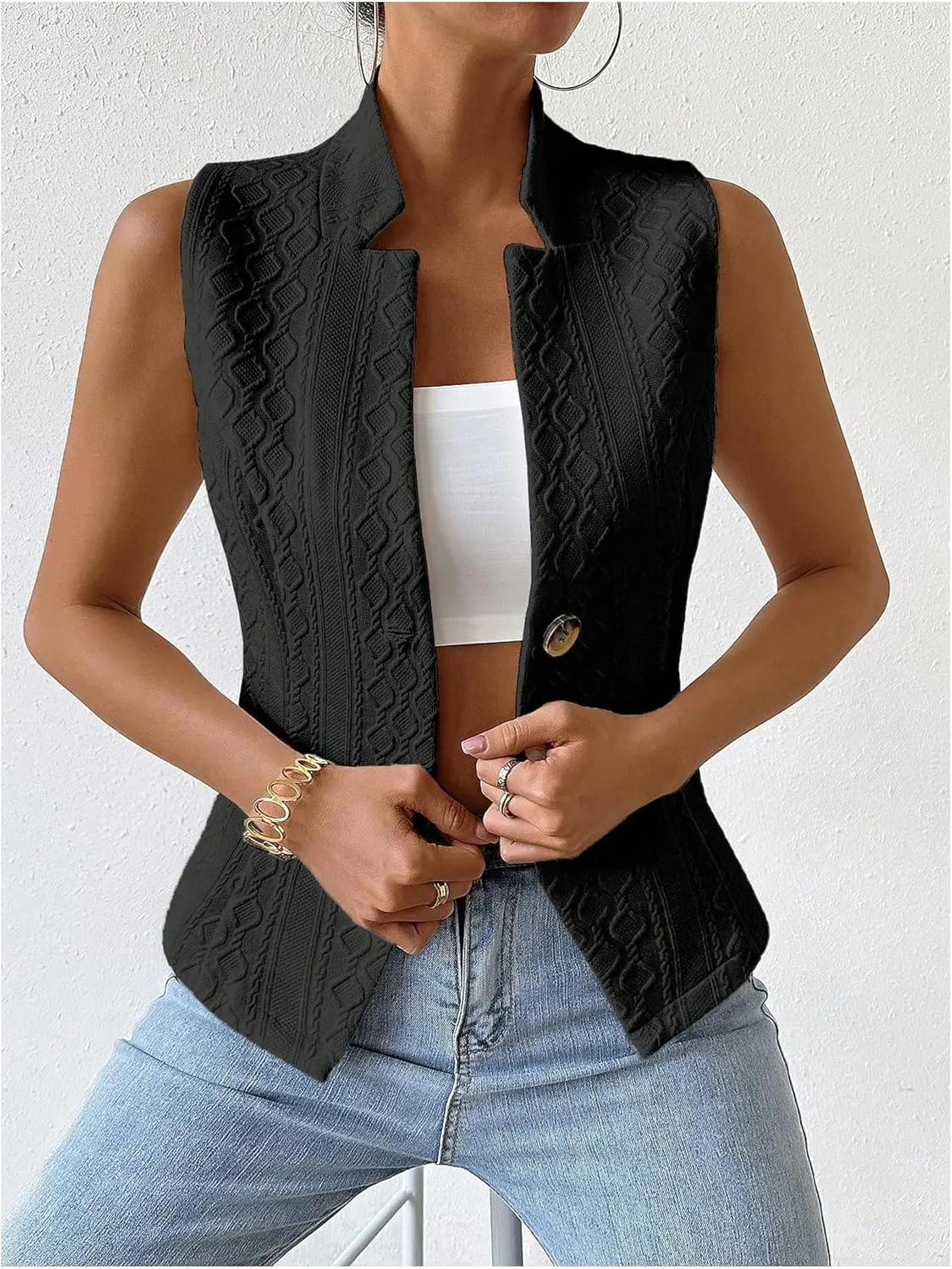 GORGLITTER Women's Sleeveless Blazer Vest Top Dressy Textured Button Up Suit Vest Split Hem Collared Waistcoat