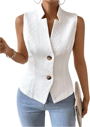 GORGLITTER Women's Sleeveless Blazer Vest Top Dressy Textured Button Up Suit Vest Split Hem Collared Waistcoat