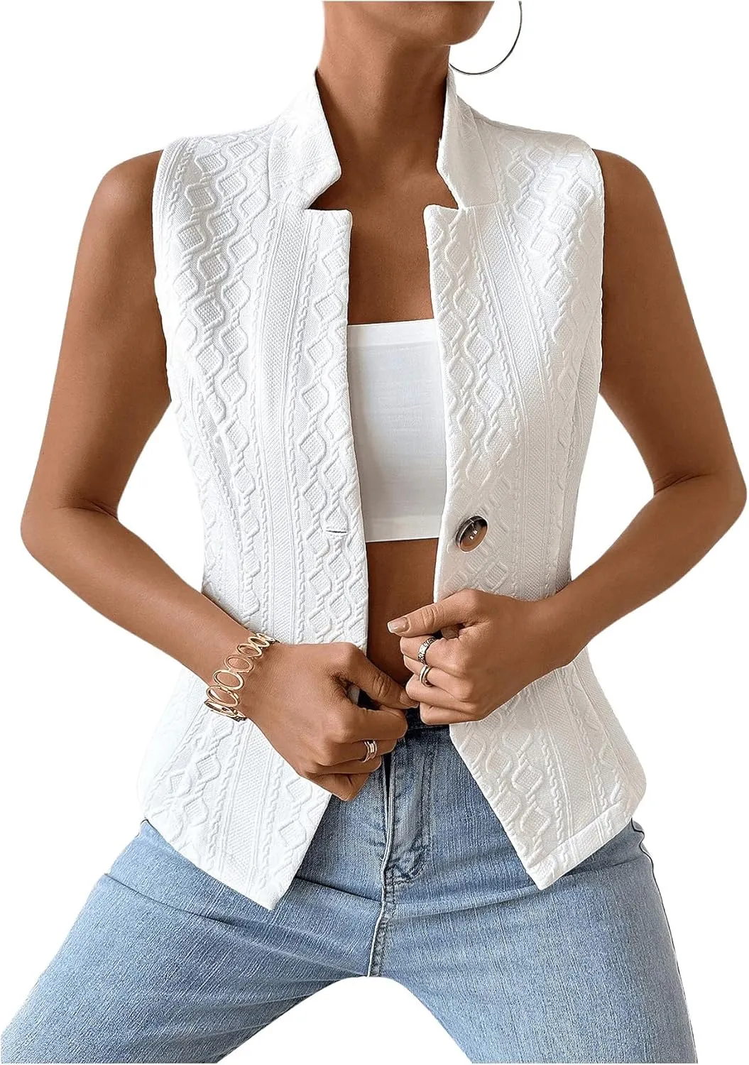 GORGLITTER Women's Sleeveless Blazer Vest Top Dressy Textured Button Up Suit Vest Split Hem Collared Waistcoat