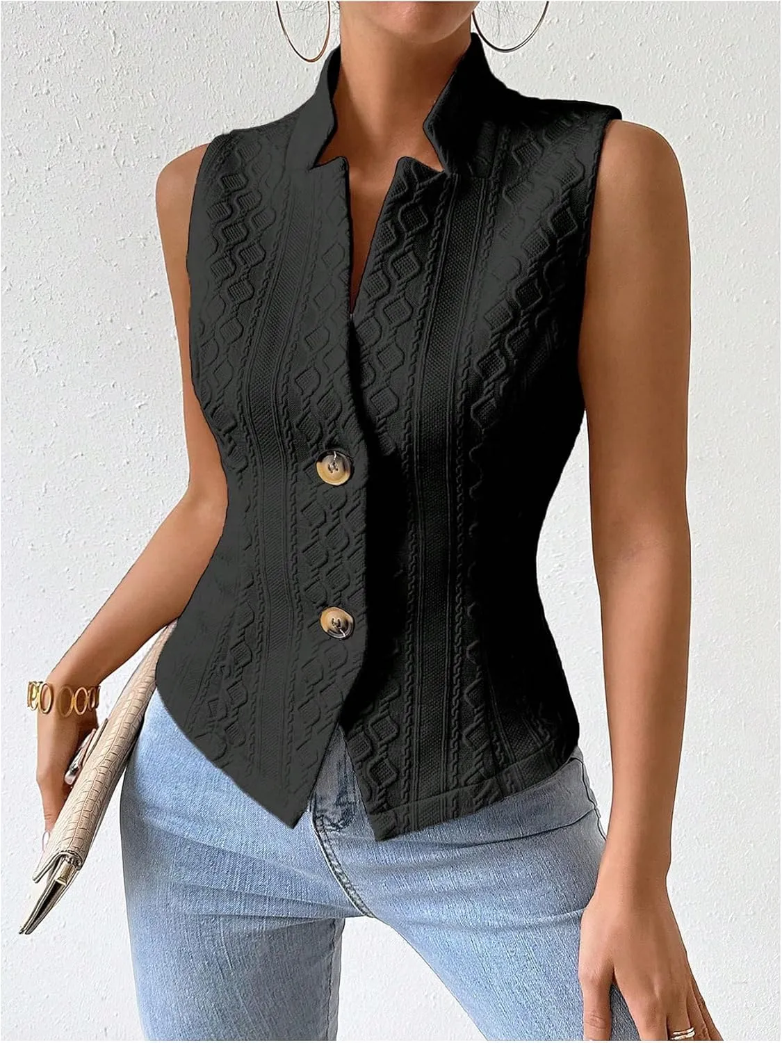 GORGLITTER Women's Sleeveless Blazer Vest Top Dressy Textured Button Up Suit Vest Split Hem Collared Waistcoat