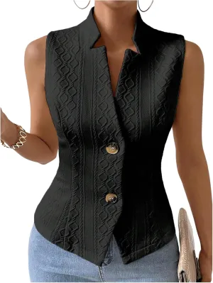 GORGLITTER Women's Sleeveless Blazer Vest Top Dressy Textured Button Up Suit Vest Split Hem Collared Waistcoat