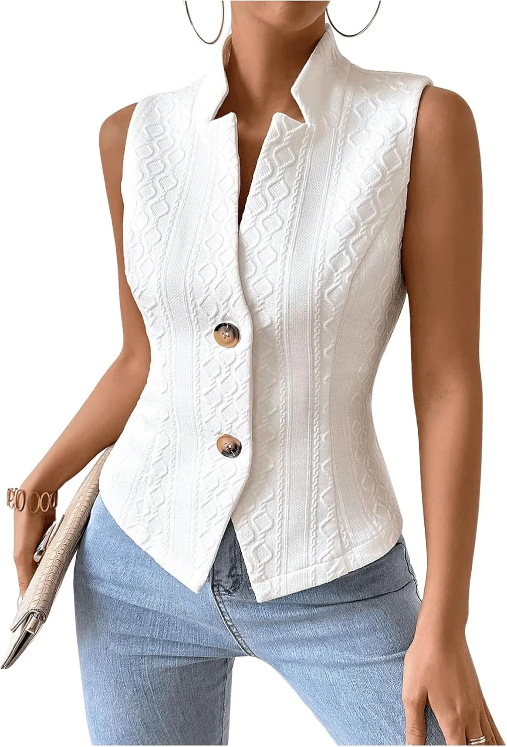GORGLITTER Women's Sleeveless Blazer Vest Top Dressy Textured Button Up Suit Vest Split Hem Collared Waistcoat