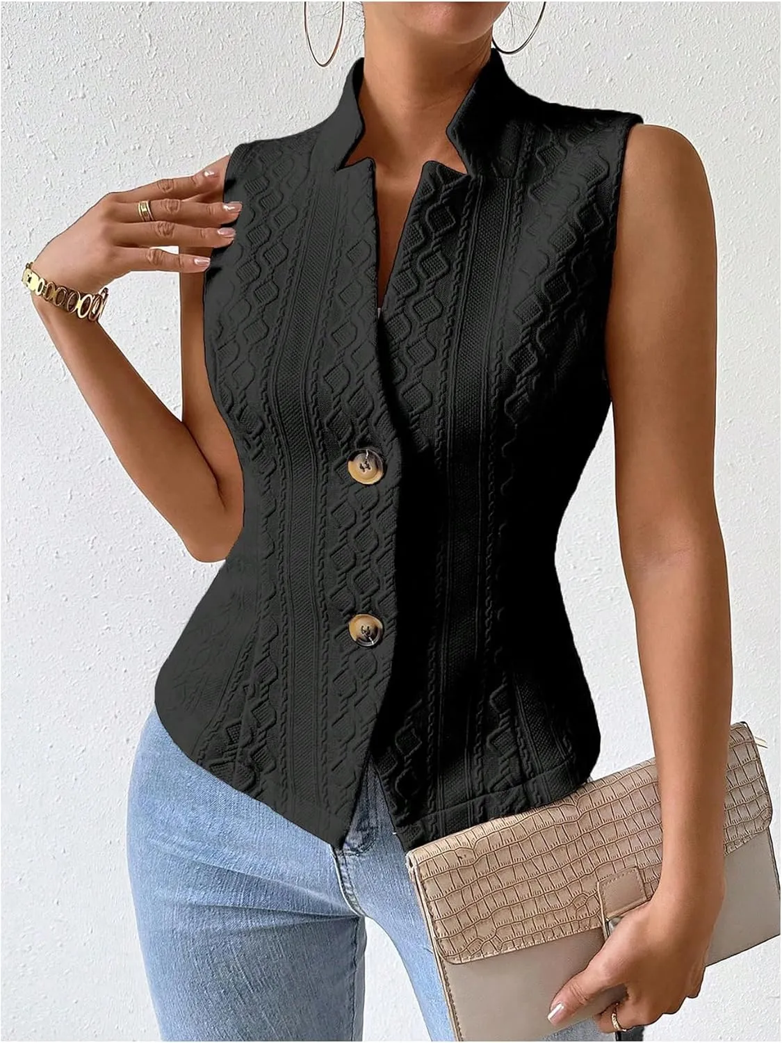 GORGLITTER Women's Sleeveless Blazer Vest Top Dressy Textured Button Up Suit Vest Split Hem Collared Waistcoat