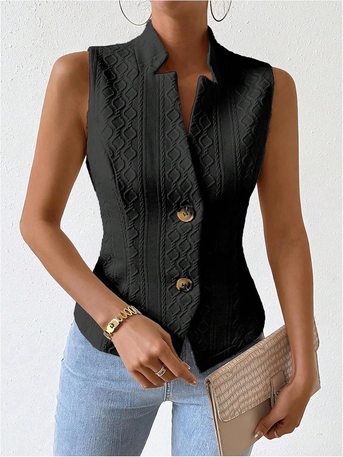 GORGLITTER Women's Sleeveless Blazer Vest Top Dressy Textured Button Up Suit Vest Split Hem Collared Waistcoat