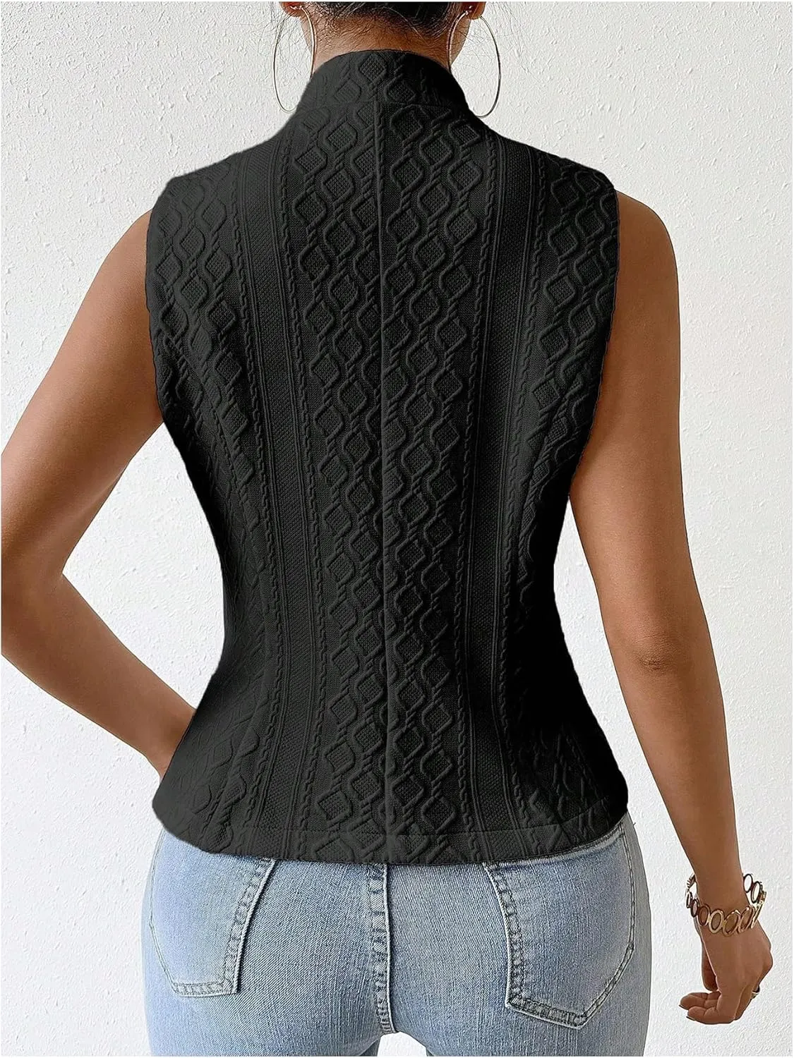 GORGLITTER Women's Sleeveless Blazer Vest Top Dressy Textured Button Up Suit Vest Split Hem Collared Waistcoat