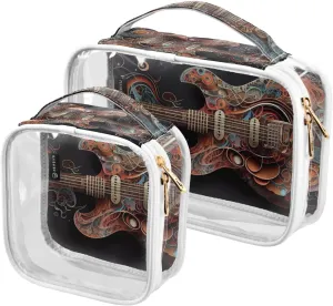 Guitar-musical 2 Pack Clear Toiletry Bag Women Men, Portable Waterproof Clear Pouch, Cosmetic Bag with Double Zippers Large Opening Traveling with Handle for Bathroom Traveling Vacation Organizing