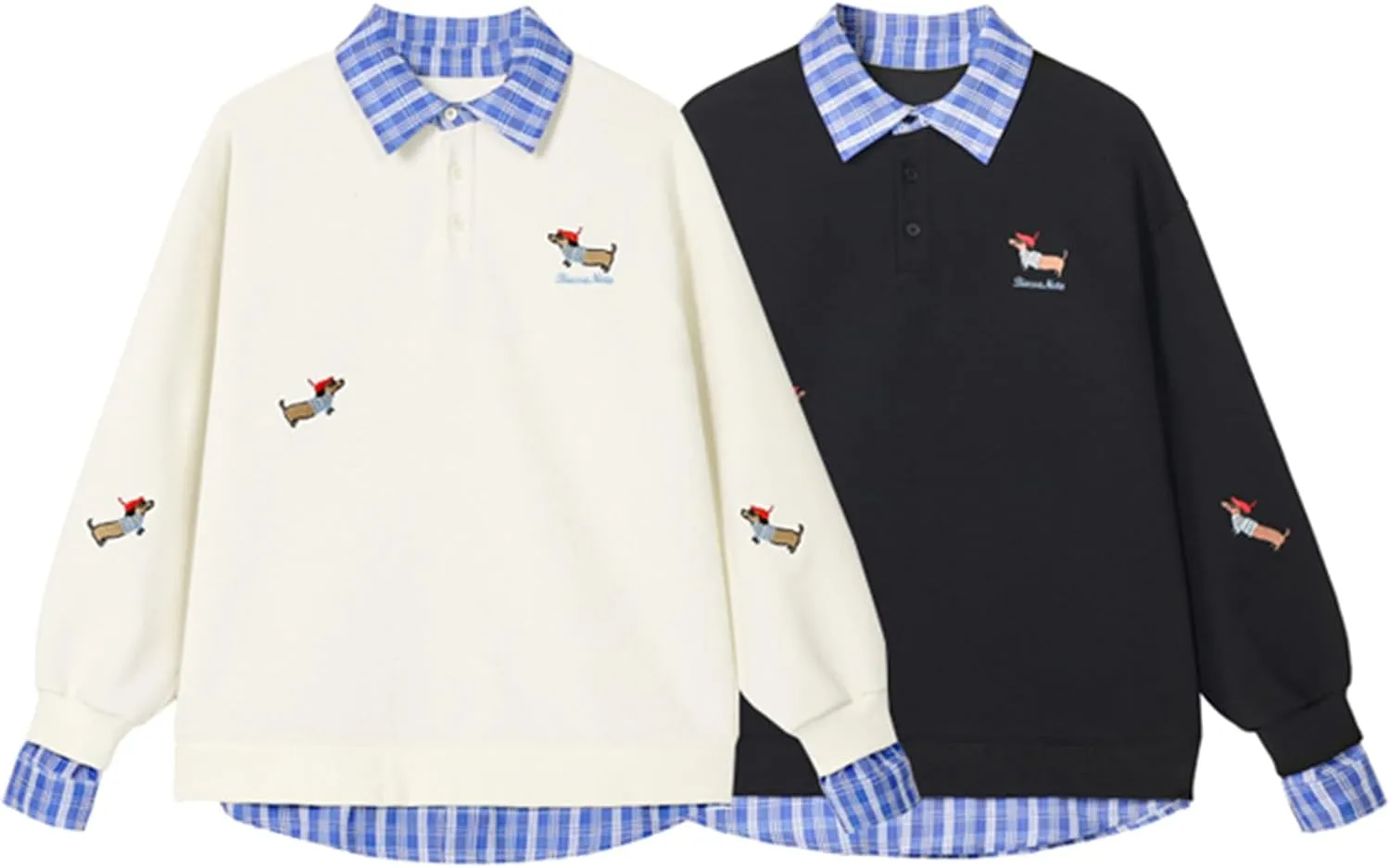 GURUNVANI Vintage Dog Embroidered POLO Shirt Men Fake Two Piece Oversized Sweatshirt