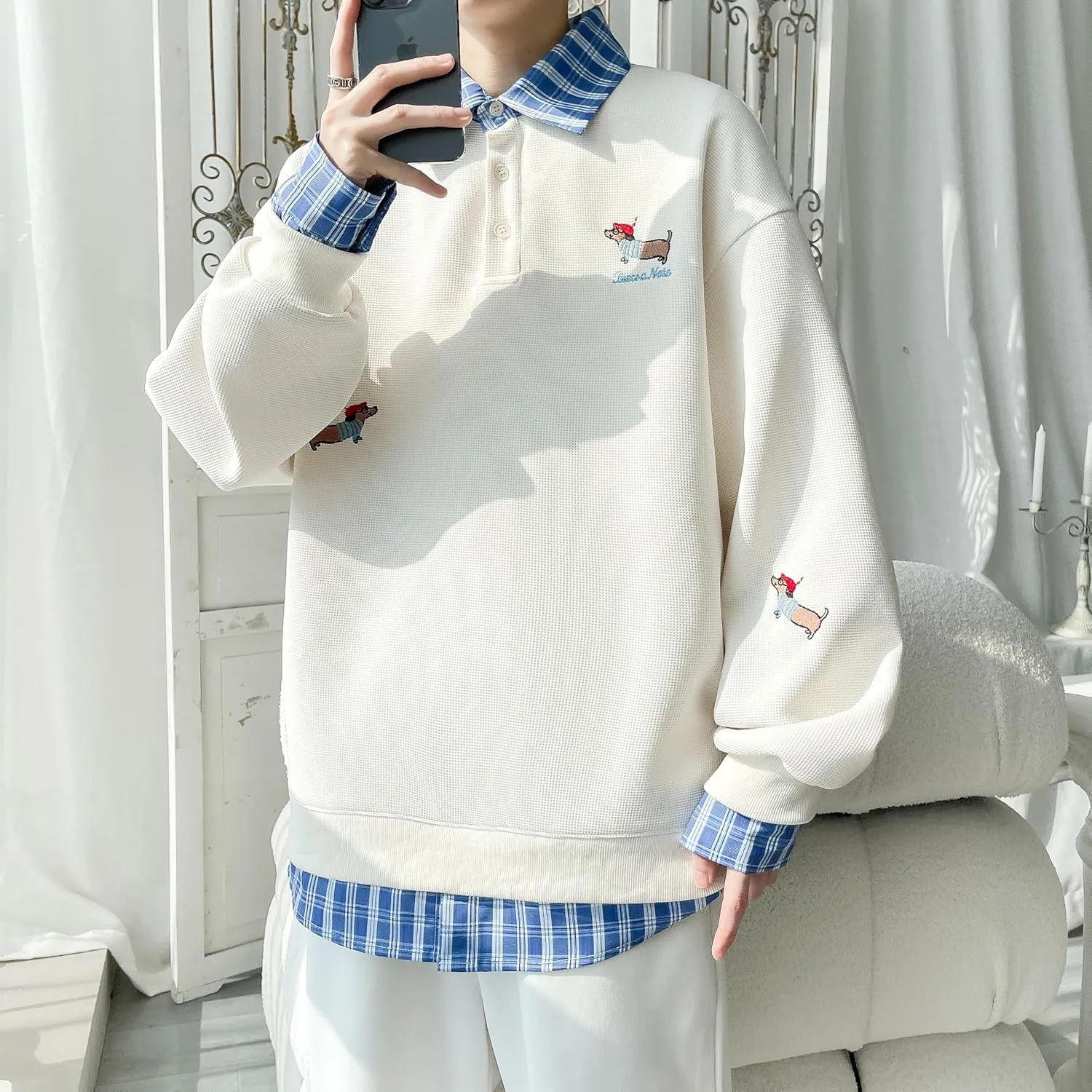 GURUNVANI Vintage Dog Embroidered POLO Shirt Men Fake Two Piece Oversized Sweatshirt