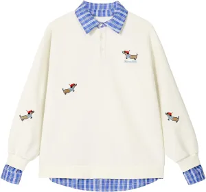GURUNVANI Vintage Dog Embroidered POLO Shirt Men Fake Two Piece Oversized Sweatshirt