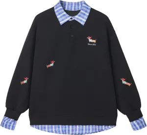 GURUNVANI Vintage Dog Embroidered POLO Shirt Men Fake Two Piece Oversized Sweatshirt