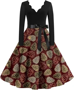 Halloween Dresses for Women Long Sleeve V Neck Vintage Print Costumes 1950s Fall Cocktail Dresses