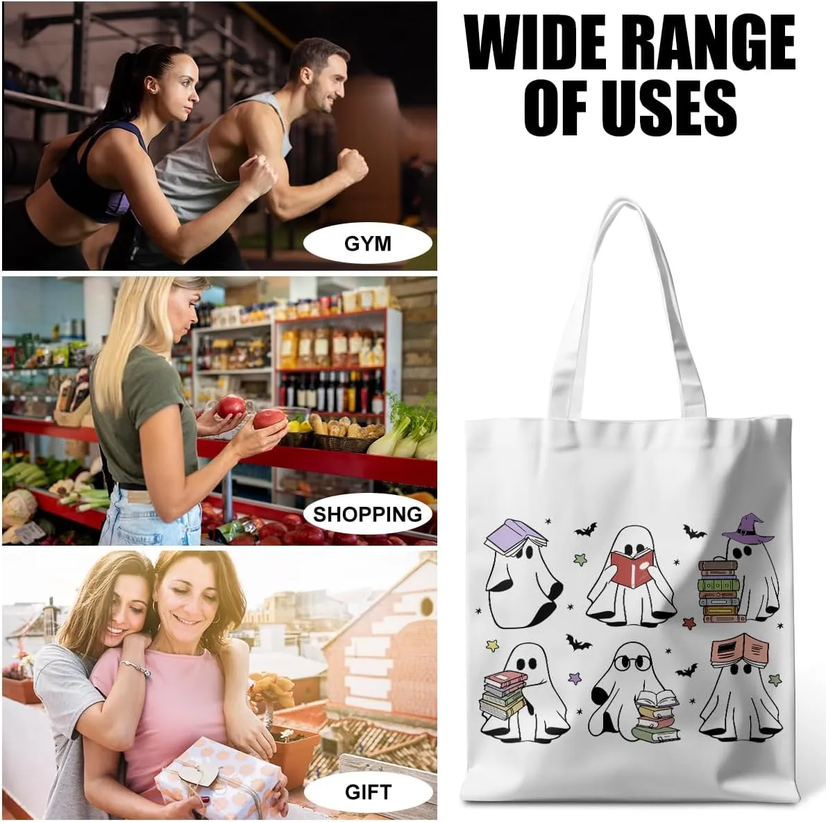 Halloween Stuff Skull Ghost Tote Bag Cat Lover Gifts for Fall Reusable Grocery Bags Wildflower Cute Tote