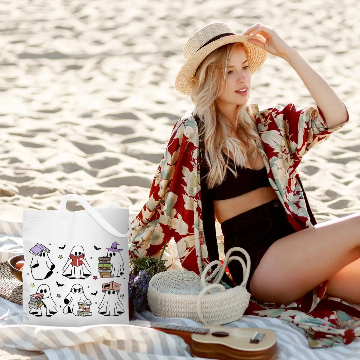 Halloween Stuff Skull Ghost Tote Bag Cat Lover Gifts for Fall Reusable Grocery Bags Wildflower Cute Tote