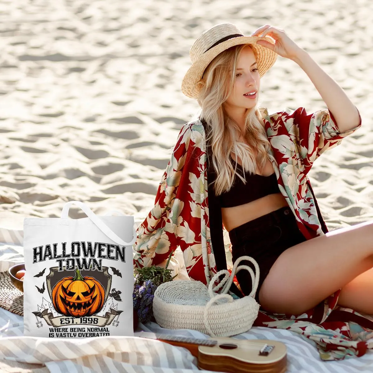 Halloween Stuff Skull Ghost Tote Bag Cat Lover Gifts for Fall Reusable Grocery Bags Wildflower Cute Tote