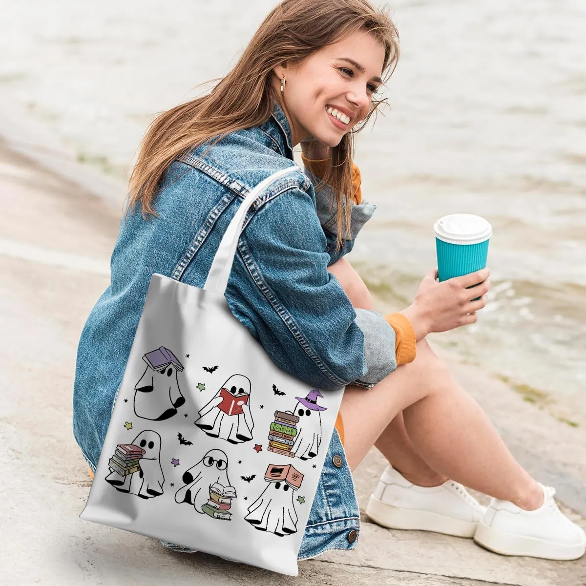 Halloween Stuff Skull Ghost Tote Bag Cat Lover Gifts for Fall Reusable Grocery Bags Wildflower Cute Tote