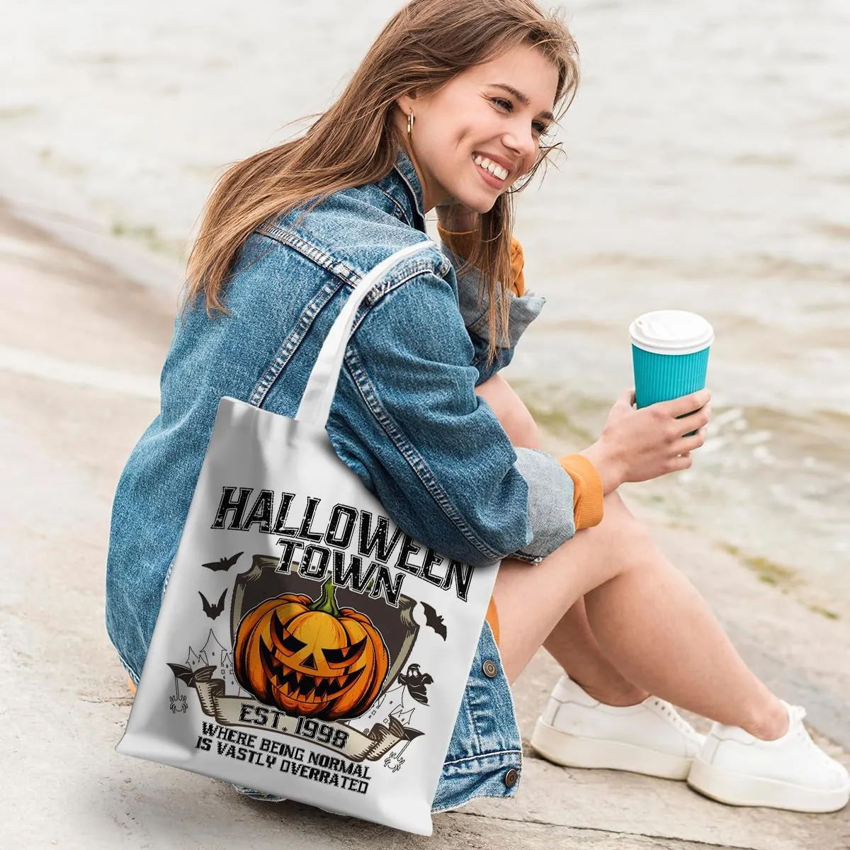 Halloween Stuff Skull Ghost Tote Bag Cat Lover Gifts for Fall Reusable Grocery Bags Wildflower Cute Tote