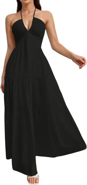 Halter Maxi Dresses for Women 2025 Elegant V Neck Spaghetti Strap Dress Casual Boho Tiered Hem a Line Corset Sundress