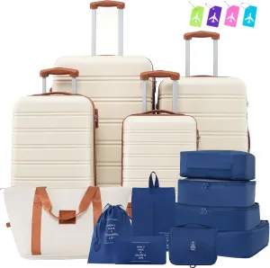 Hardshell Luggage Sets 4 pcs   Bag, Lightweight Spinner Suitcase 16" 20" 24" 28", Durable ABS Material, Brown & White