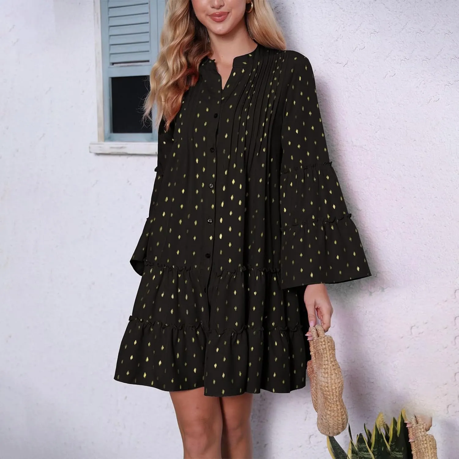HGps8w Womens Sequins Dots Babydoll Swing Mini Dress 2025 Summer Casual Bell Sleeve Tiered Ruffle Flowy A Line Shirt Dresses