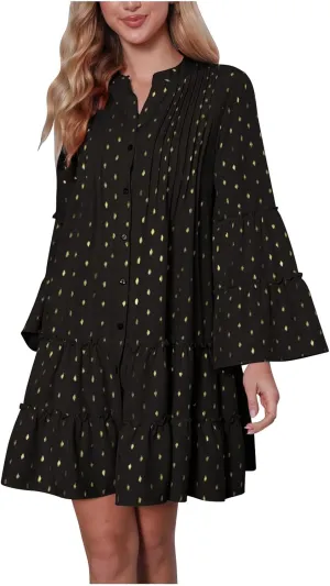 HGps8w Womens Sequins Dots Babydoll Swing Mini Dress 2025 Summer Casual Bell Sleeve Tiered Ruffle Flowy A Line Shirt Dresses