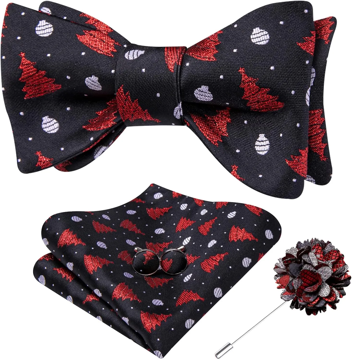 Hi-Tie Christmas Bow tie for Men Self Bow Tie Lapel Pin Sets Pocket Square Cufflinks Silk Xmas Party Festival